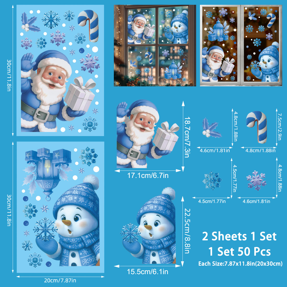 TEMU 50 Stück Blaue Glitzer Weihnachts-Statikfolien Fensteraufkleber – Selbstklebend, Wiederverwendbar, PVC-Dekorationen mit Goldrand, Schneemann, ,