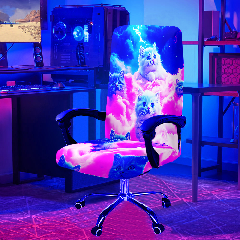 1pc Cats Above The Clouds Pattern Uv Blacklight Reactive Glowing Chair Cover, Fabric With Elastic Detachable And Machine Washable Chair Cover. Suitable For Office, Bedroom And Game Chair Decoration
