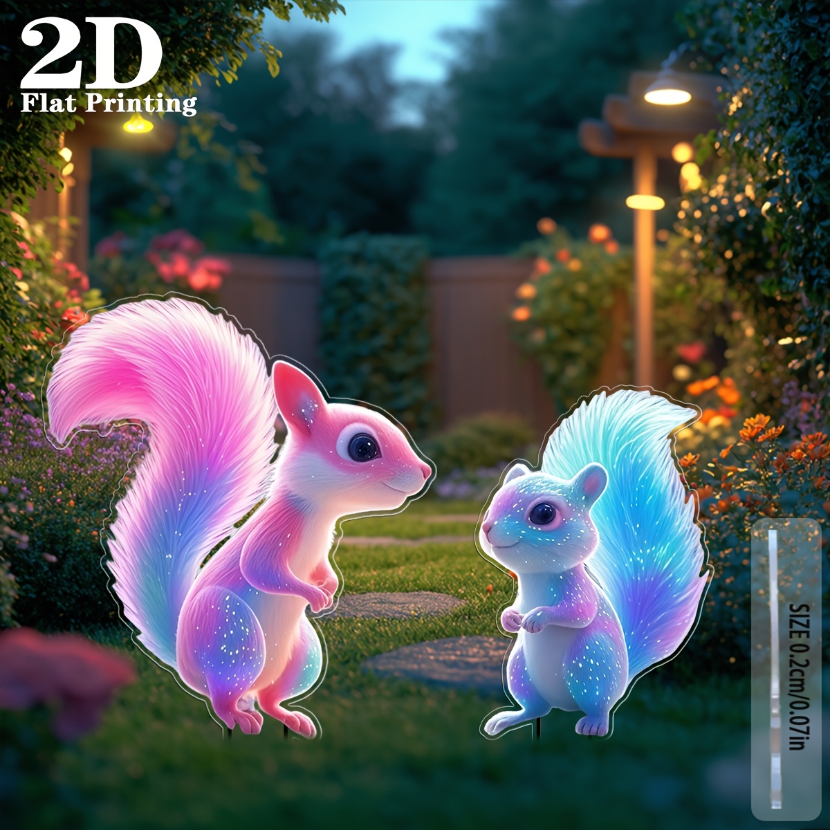 Image of 2d Flat, [2d Flat] 2d Flat, 2pcs Colorful Fluorescent Squirrel Garden Stake Decoration Set, No Electricity Required, Suitable For Lawns, Flower Pots - Yard Decor, Outdoor Garden Decoration, 2d Flat