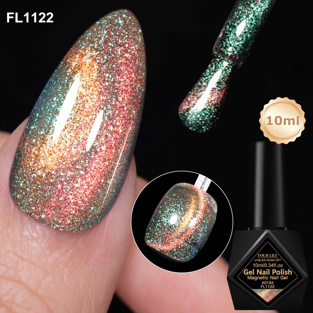 Image of Fourlily Holographic Glitter Magnetic Gel Nail Polish, Soak-off Cat Eye Nail Gel, Chameleon Shimmer Sparkle Nail Art Varnish For Diy Home Manicure