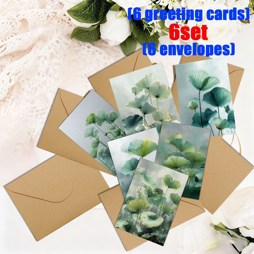 TEMU 6-set/12-set Lotus Leaf Greeting Card + Envelope Set | Blank Inner Pages | Suitable For Holidays, Parties, And Event Invitations | Ideal Holiday