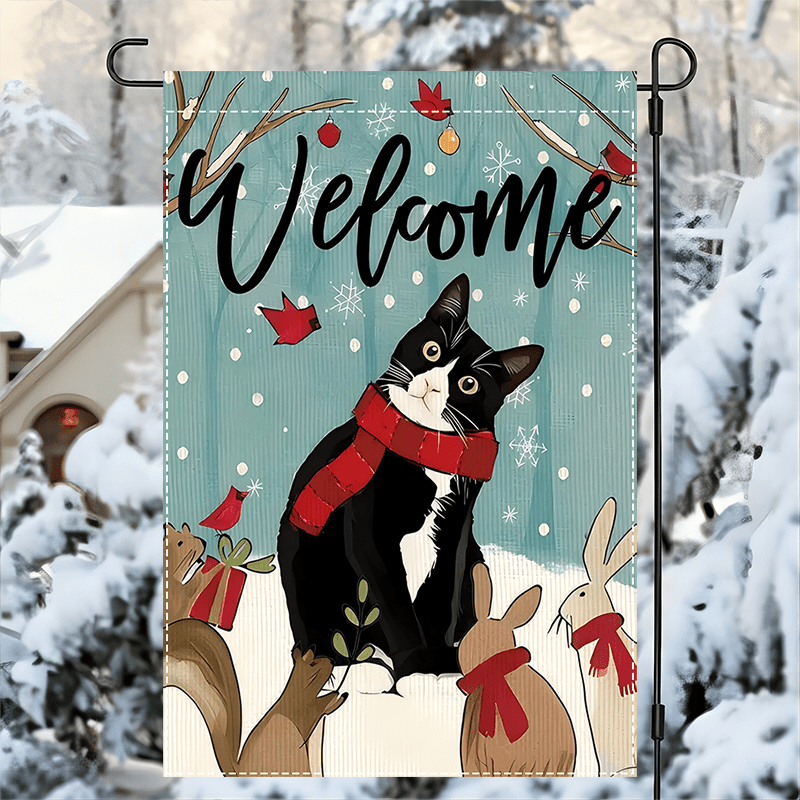 

1pc Linen Garden Flag, Dress Cat And Cardinbird Designs, Holiday Outdoor Decorations, Christmas Holiday Yard Flags, Excluding Flagpole Double Sided Waterproof Burlap Flag12x18inch