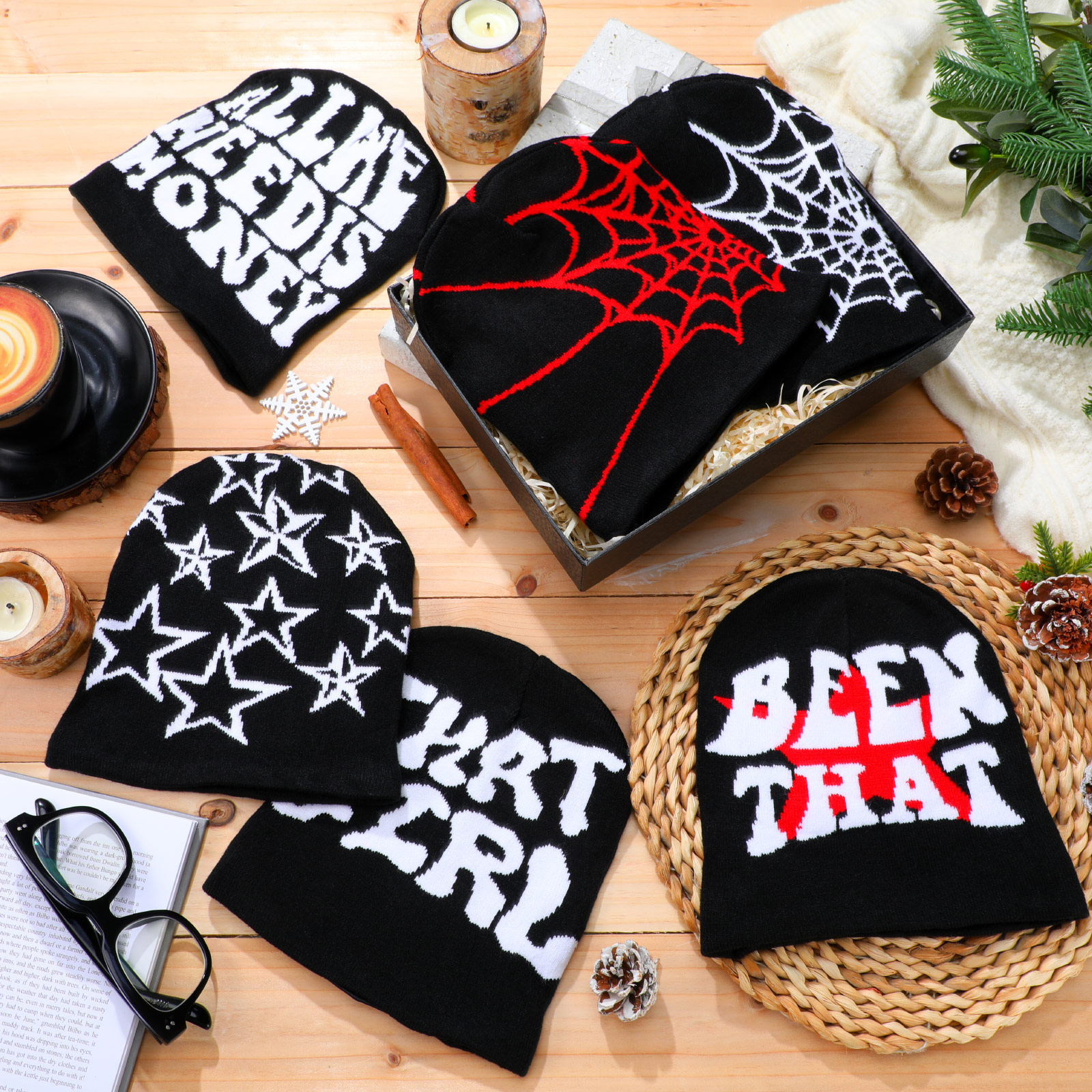6 Pack Y2K Beanie Satin Lined Skull Cap Graphic Winter Hat Skicuff 6 Pcs Winter Y2K Beanie Satin Lined Skull Cap  main image 4
