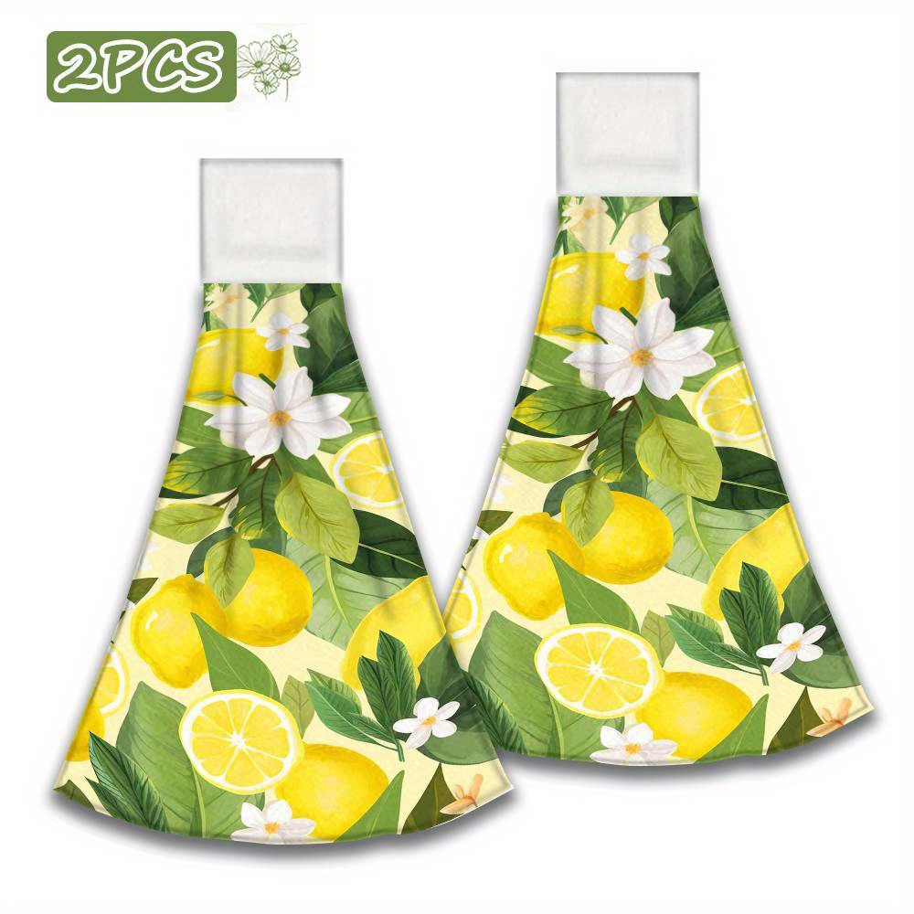 TEMU 2pcs Vibrant Lemon & Floral Kitchen Towels - Lightweight Polyester Blend, Modern Aesthetic Design With Lemons, Lemons, And White Flowers, Home