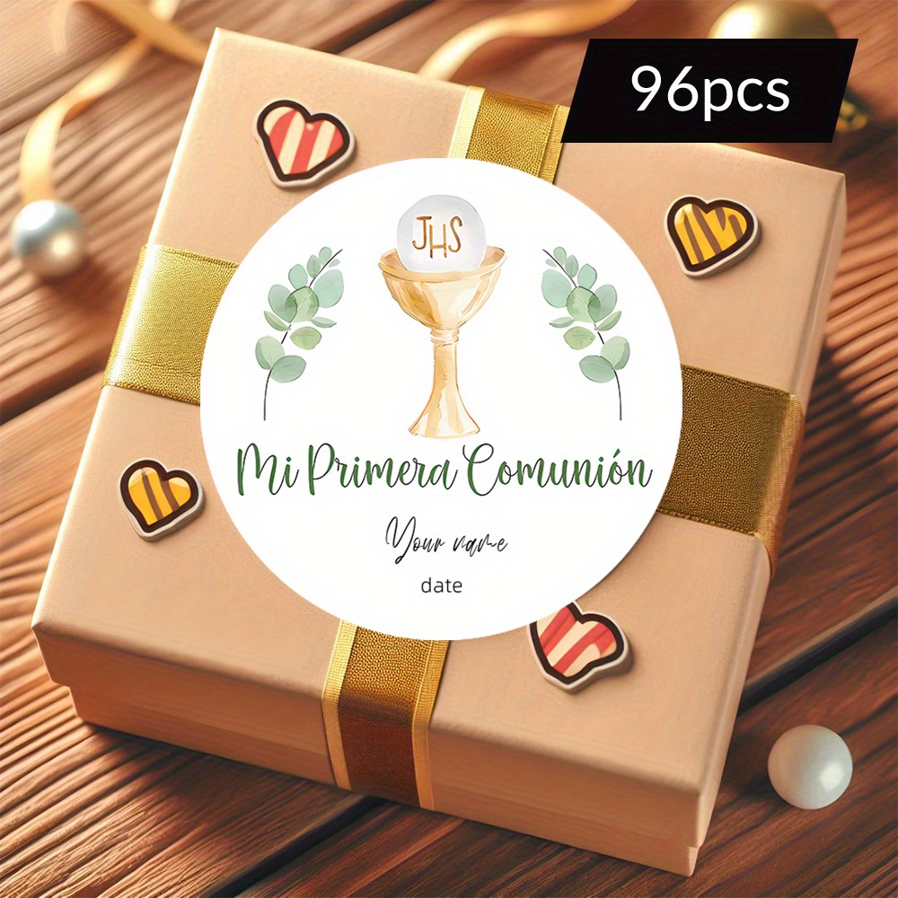 TEMU 48/96 piezas de pegatinas personalizadas, "Mi Primera Comunión" diseño de | dorada, eucalipto y texto en español | Ideal para celebraciones de