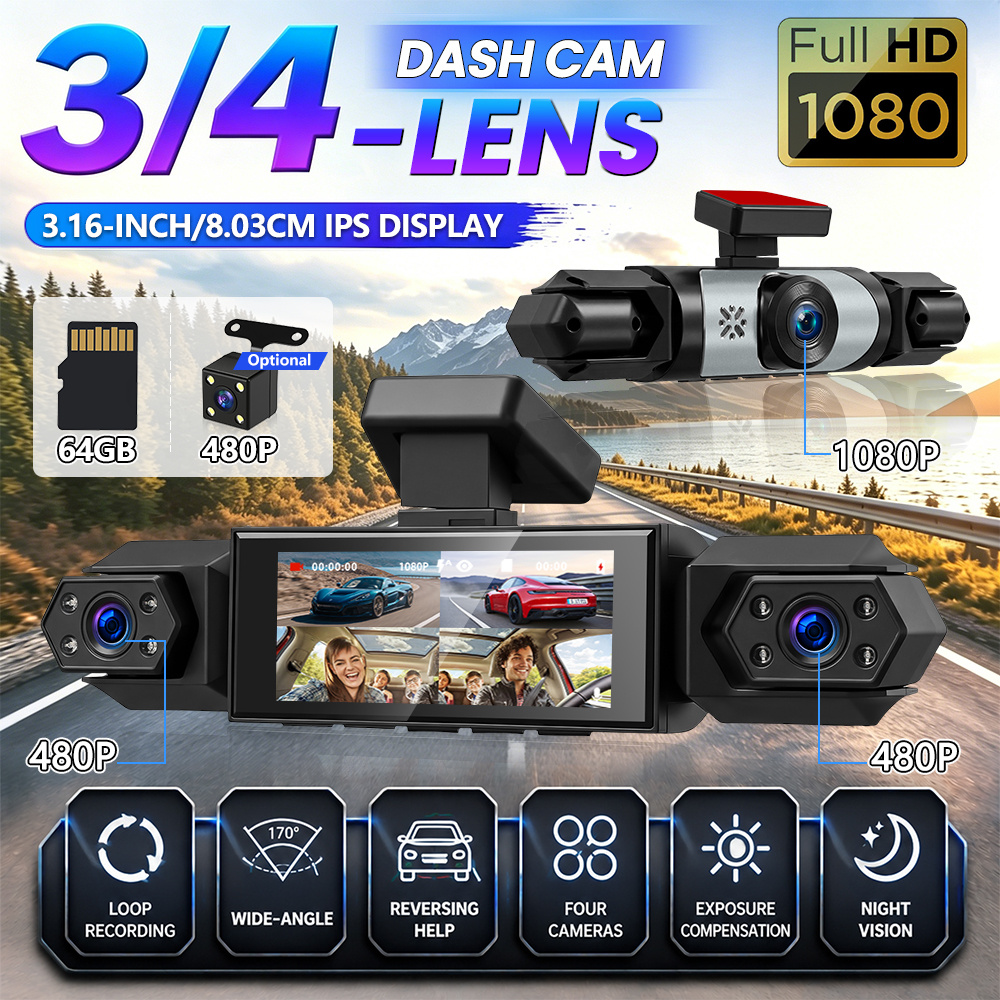 Image of 3/4-channel 1080p Dashcam With 3.16-inch Ips Display | 4 Cameras For 360° Panoramic View - Loop Recording, Motion Detection, Night Vision & Reverse Parking Assist, Car Dvr With 64gb Card