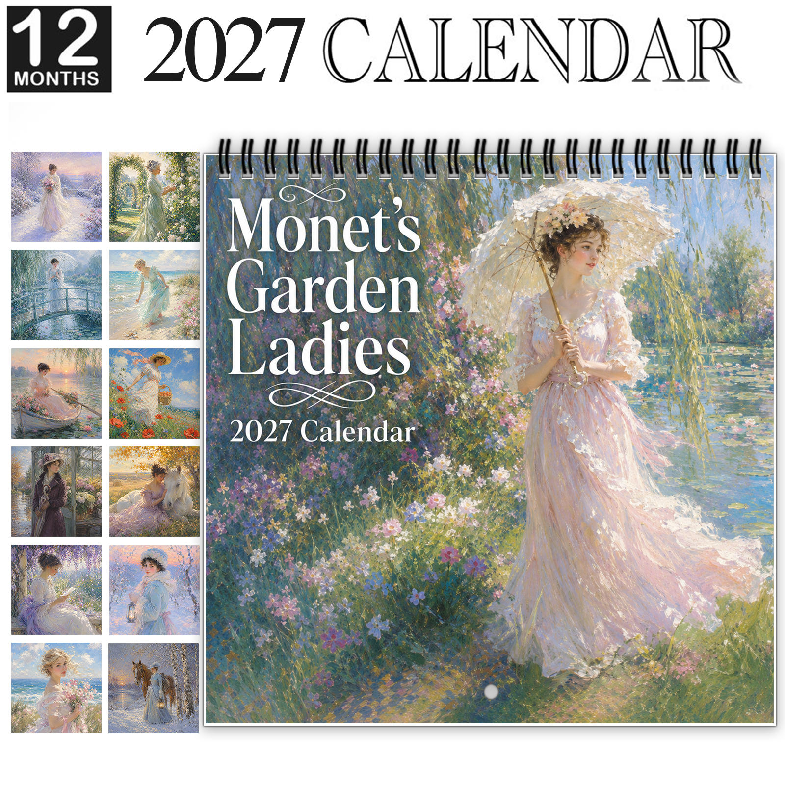 TEMU 1pc 2027 ' Ladies Wall Calendar, Spiral-bound 12-month Monthly Planner With Thick Glossy Paper, Displays Elegant Women In Floral, For Artistic