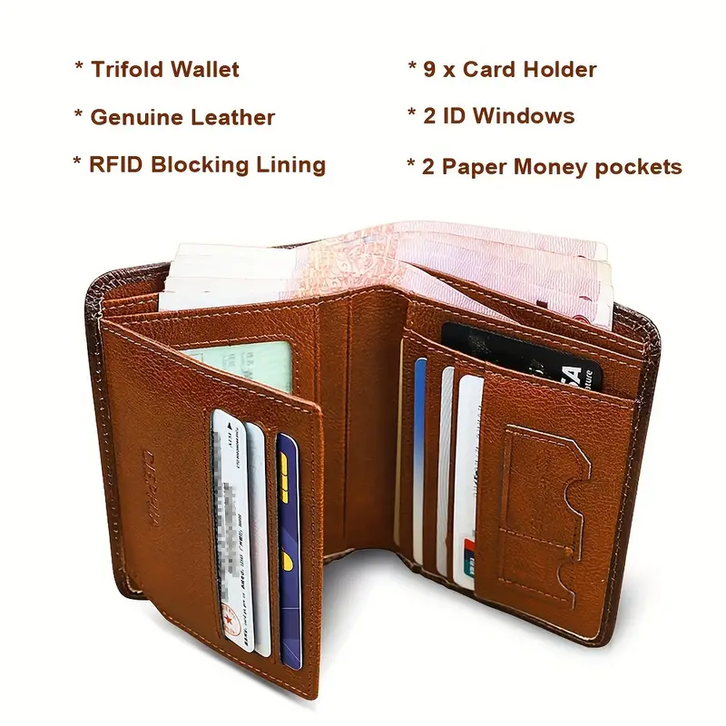 Bullz Wallet Men's Trifold Cowhide Leather Wallet – Heavy Duty With ID Window & Credit Card Slots (Brown)