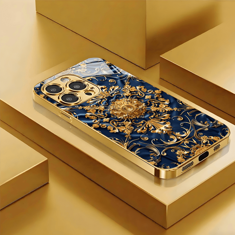 TEMU Phone Case - A Featuring A With European-style Patterns, This Metallic Paint Tempered Glass Hard Phone Case Is Compatible With For Iphone Models