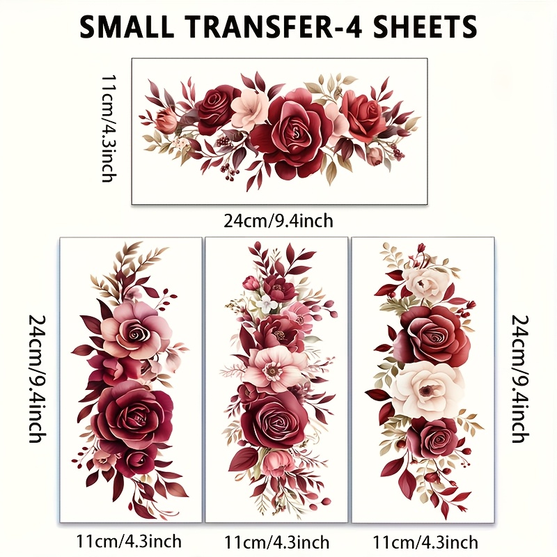 TEMU 4pcs Set Of Uv Transfer Stickers, Rose And Peony Design, Suitable For Decorating Furniture, Refrigerators, Cabinets, Scrapbooks, And Windows,