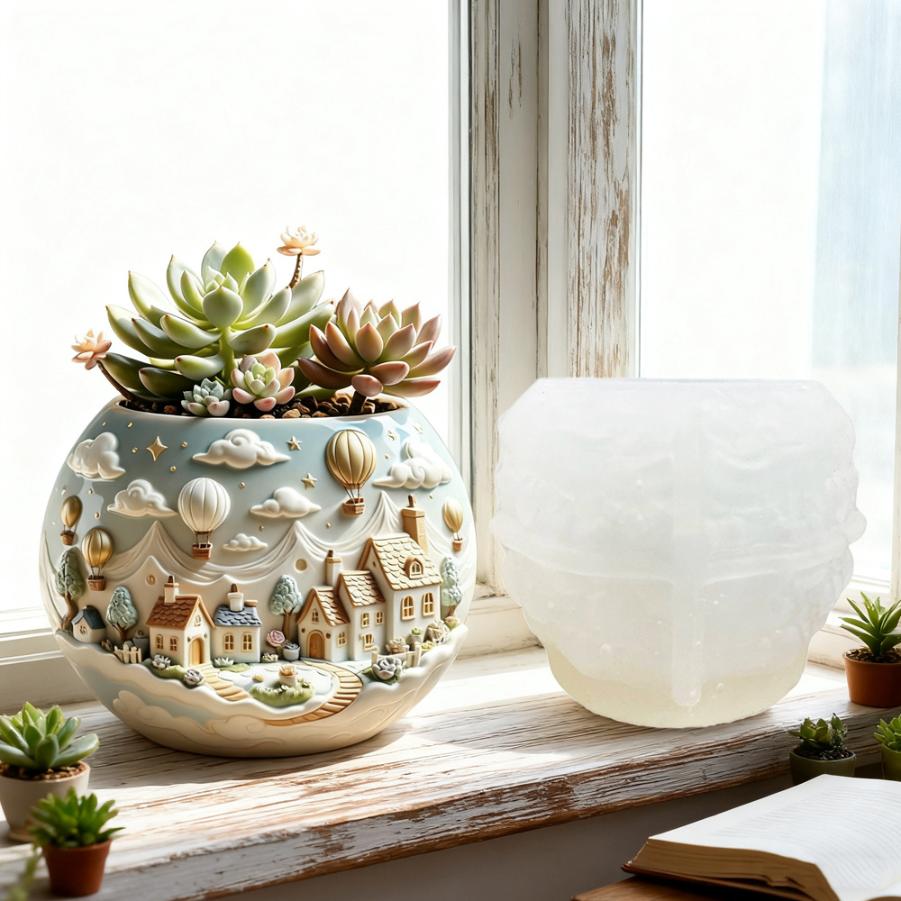 Image of Reusable Silicone Flower Pot Resin Mold - Featuring 3d Relief Design - Flexible And For Easy Demolding, Suitable For Concrete, Cement, And Resin Flower Pot Production