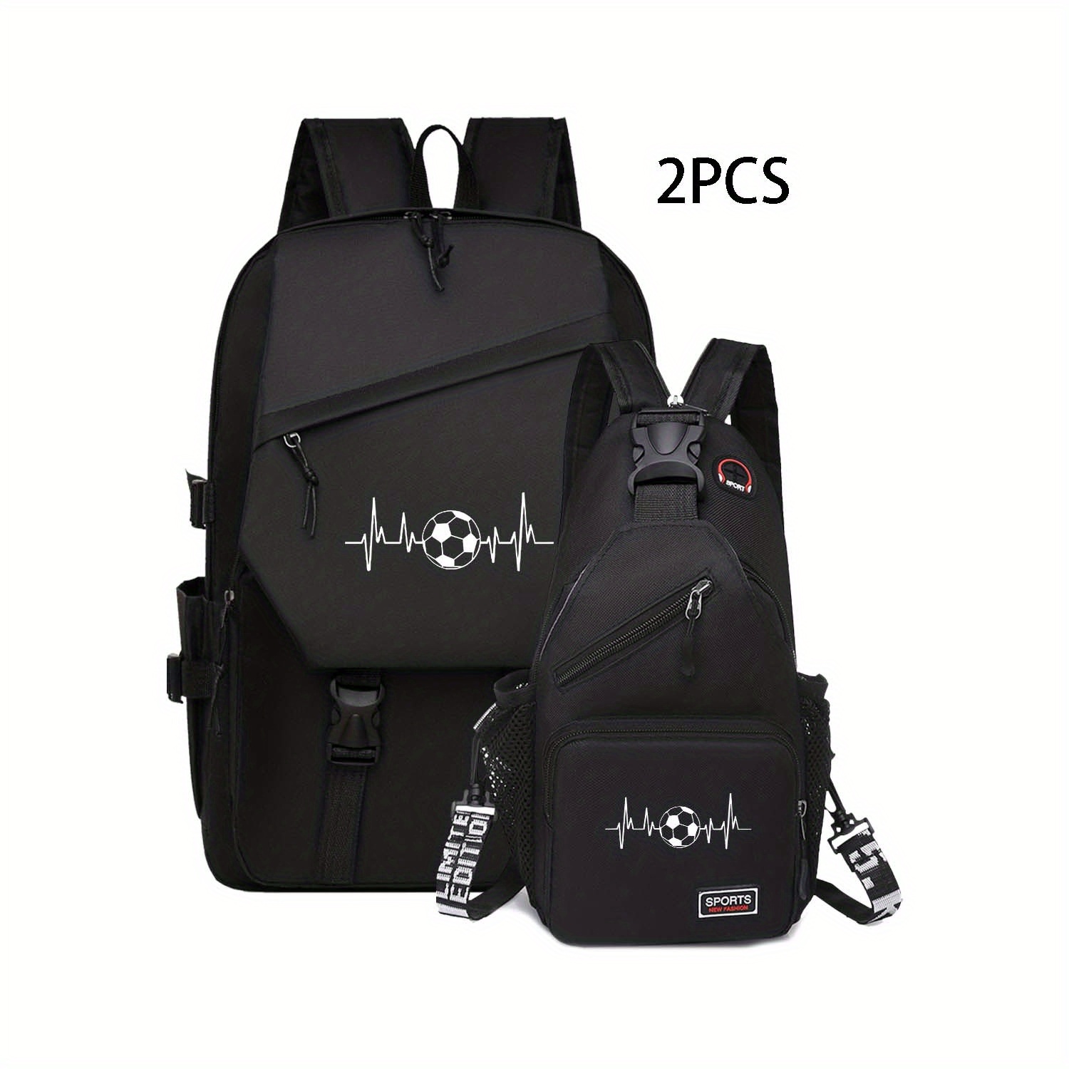 TEMU Set Of 2 Backpack And Chest Bag, Football Ecg Design Backpack, Versatile Messenger Bag, Spacious Travel Laptop Bag, Lightweight Shoulder Bag,