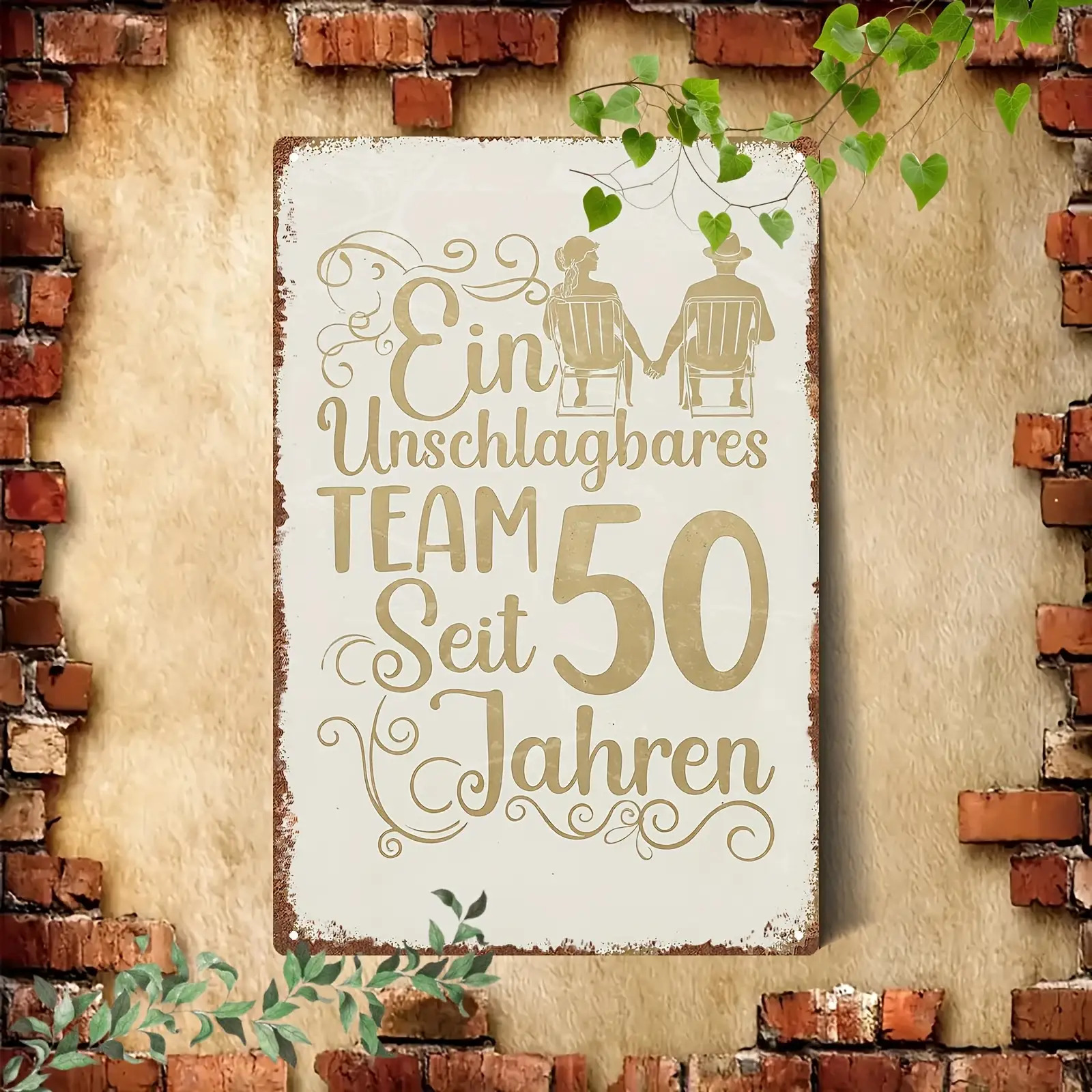 E-shop 2D-Flach, 2D-Flach, . Vintage-Schild „50. Jahrestag Paares“, 20,32x30,48cm, goldener Text mit Herz-Illustration, ideal für Wohnzimmer-,