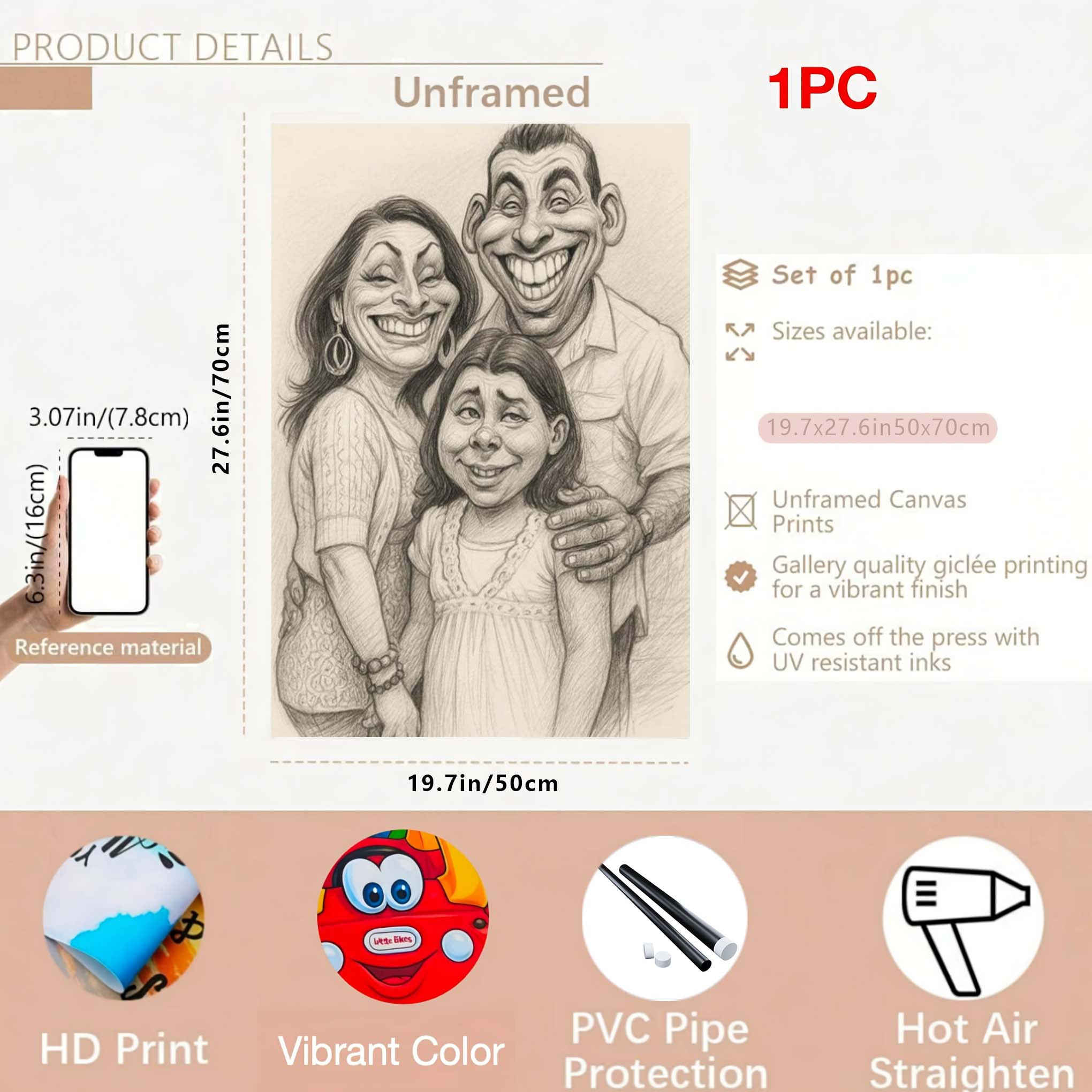 E-shop Personalisiertes Foto zu Karikaturporträt - Lustige, übertriebene Bleistiftzeichnung aus Ihrem Bild, ungerahmter Tintendruck auf Leinwand,