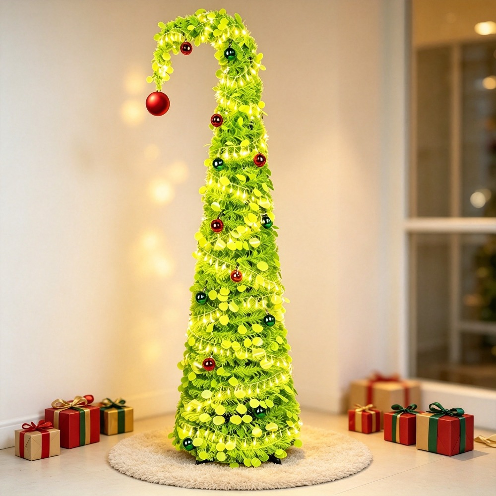 TEMU Whimsical Bent -up Christmas Tree, Light Green Collapsible Artificial Xmas Tree With Led String Lights & Ornaments, Foldable Holiday Decor For