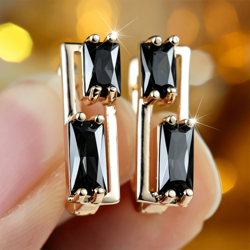 Niche Champagne Golden Rectangular Earrings with Synthetic Zirconia