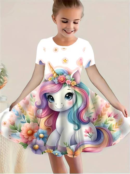 frühlings-/sommer-kinderkleid mit süßem einhorn-druck, kurzarmkleid mit 3d-digitaldruck, niedliches design für outdoor-aktivitäten