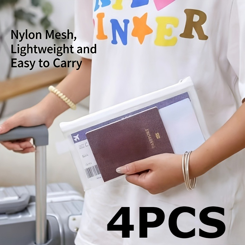 Image of 4pcs Document Storage Bag - Made Of New Nylon Material, Portable For Travel, Including Id Card, Boarding Pass, Card Holder, And Passport Organizer