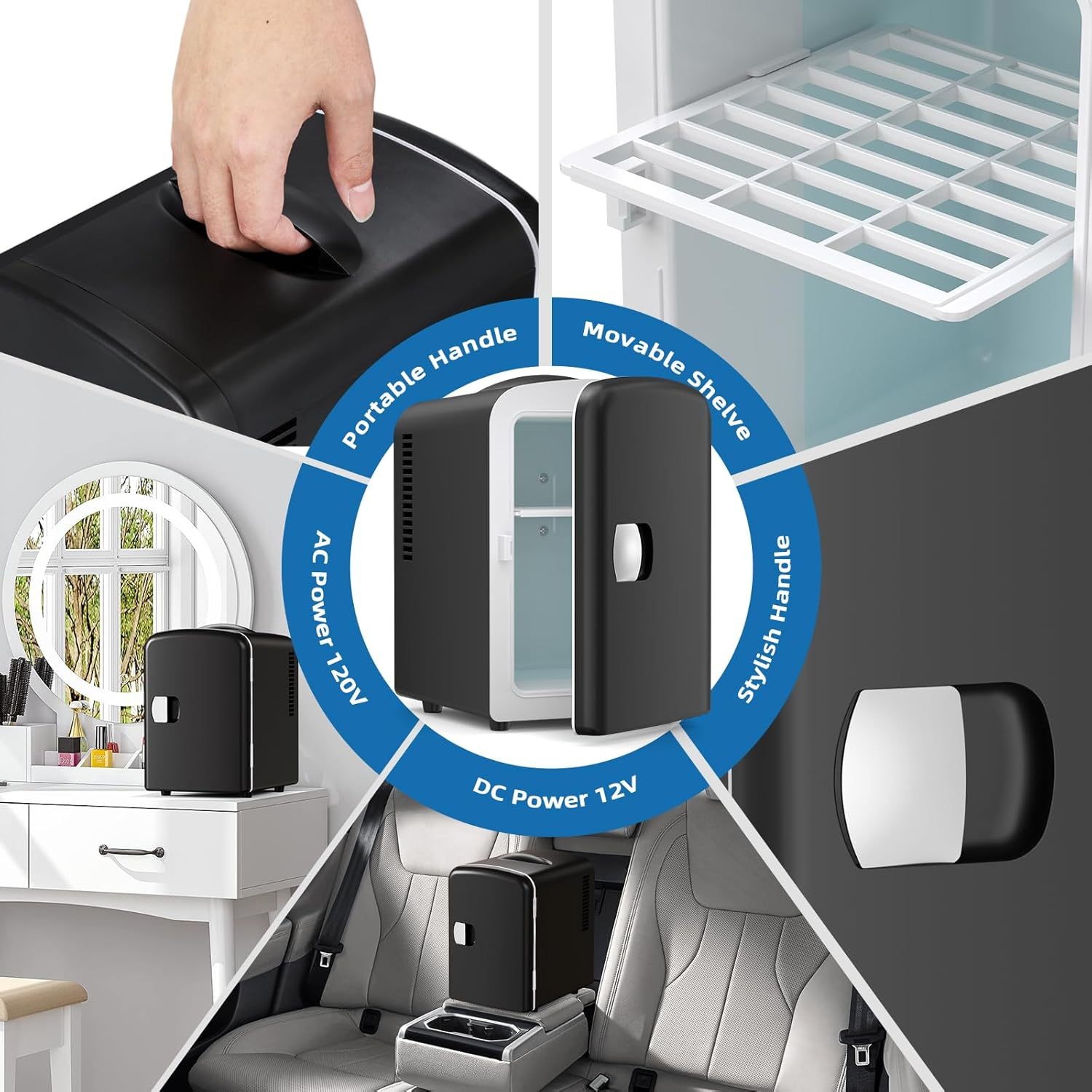 Portable Mini Fridge with Top-Mounted Door - 1.06gal Capacity, 6 Cans Storage, Compact Design for Bedroom, Car, Office & Dorm - Ideal for Cosmetics, Beverages & Food - Black PVC Square Cooler with Semiconductor Technology, 110-130V US Plug, Car Beverage Storage | Sleek Compact Design | Stylish Cooling, Mini Refrigerator