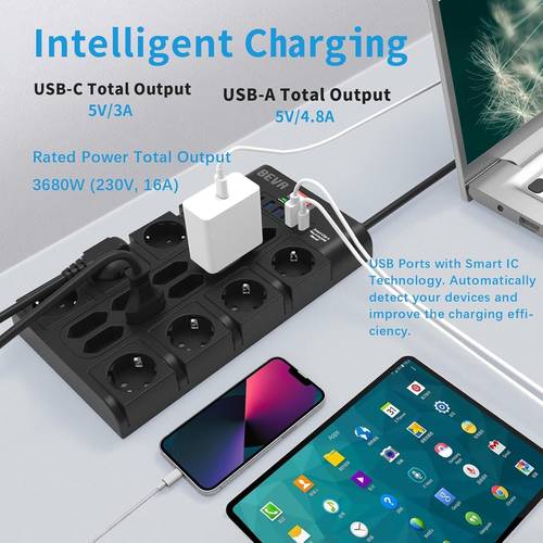 18 way multiple socket 3680 w 16 a with 2100j protection 2 power strip with 2 usb c 15 w 4 usb a multiple plug with switch socket for office home