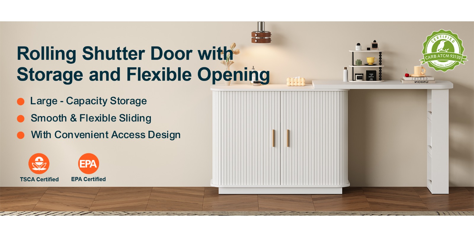 Adjustable Vanity Desk with Rolling Shutter, L-Shape Corner Makeup Table Featuring Shelves, Bedroom Storage Solution in White