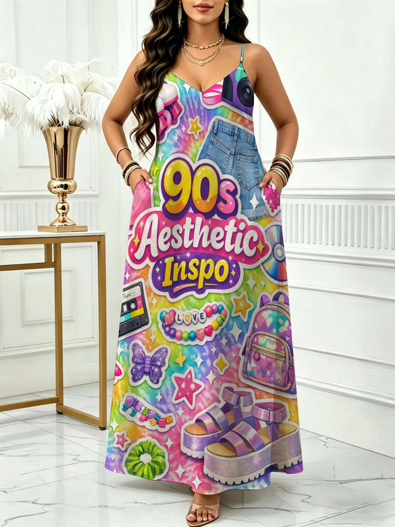 90s women dresses Plus Size Women'S Maxi Dress with Pockets, 90* Printed And Text * Casual Wear for Beach And Outdoor Activities, Soft Breathable Fabric, Flowy Silhouette, Comfortable Daily Wear, Vacation Outfit backless open