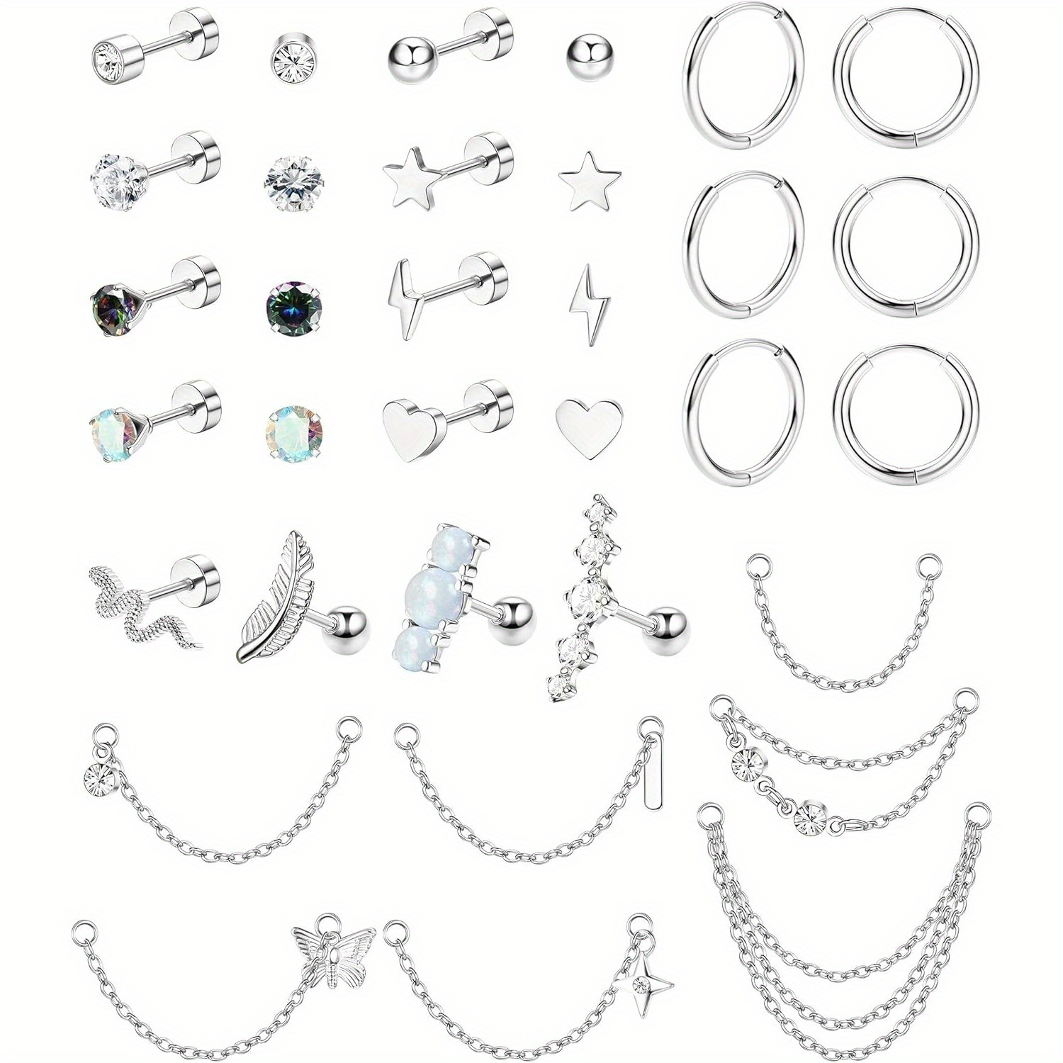 Image of 2d Flat - Set Of 33 Cartilage Earrings For Women, Featuring Surgical Steel Helix Designs, Cute Small Hypoallergenic Studs, Hoops, Chains, And Dangle Earrings Suitable For Helix And Tragus Piercings