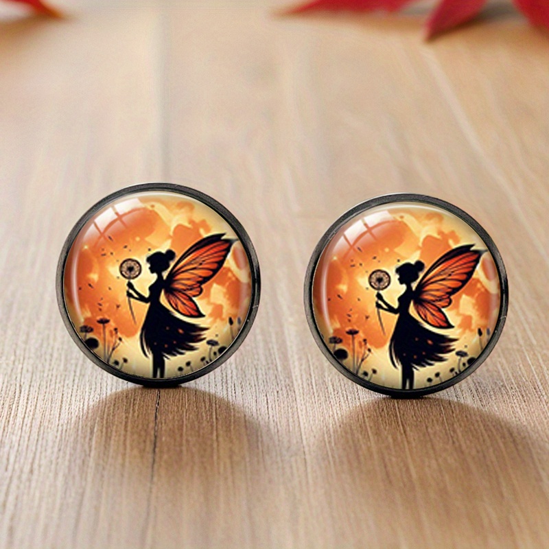 TEMU 1 Pair Of Dandelion Fairy Black Earrings, Round Glass Handmade Jewelry, Fashion Jewelry, Elegant Jewelry, Unique Jewelry, Stylish Jewelry,