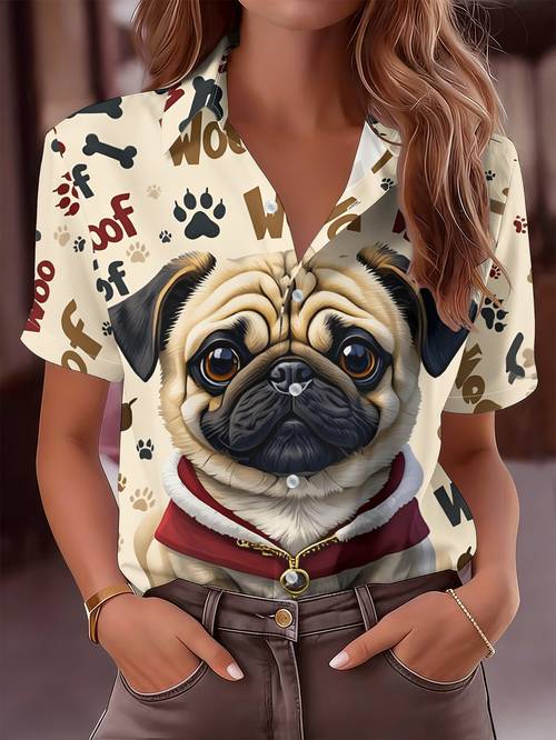 womens short sleeve shirt cute pug print dog pattern casual blouse theme versatile fashion shirt comfortable breathable womens short sleeve machine washable casual fashion comfortable fabric