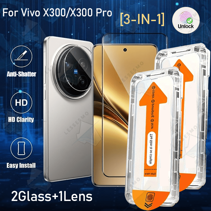 TEMU [3-in-1 Set] 2pcs Tempered Glass And 1pc Camera Lens Protector For Vivo / Pro/ Ultra, Supports Fingerprint Unlock, 9h+ Hardness, 1 Click, Full