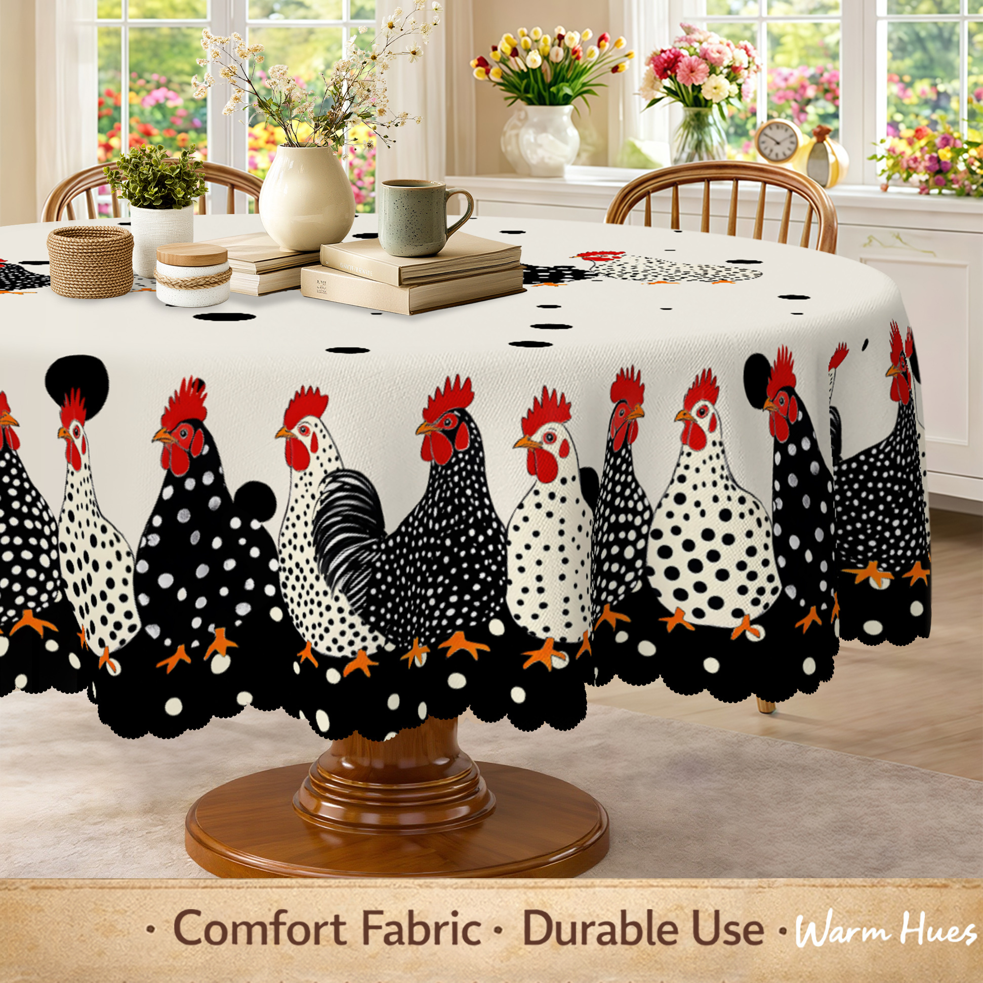 TEMU 1pc, Farmhouse Polka Tablecloth, Black And Beige Polka-dot , Gift For Rooster Lovers, Home Kitchen, Dining Room, Patio, Home Decor, Farmhouse