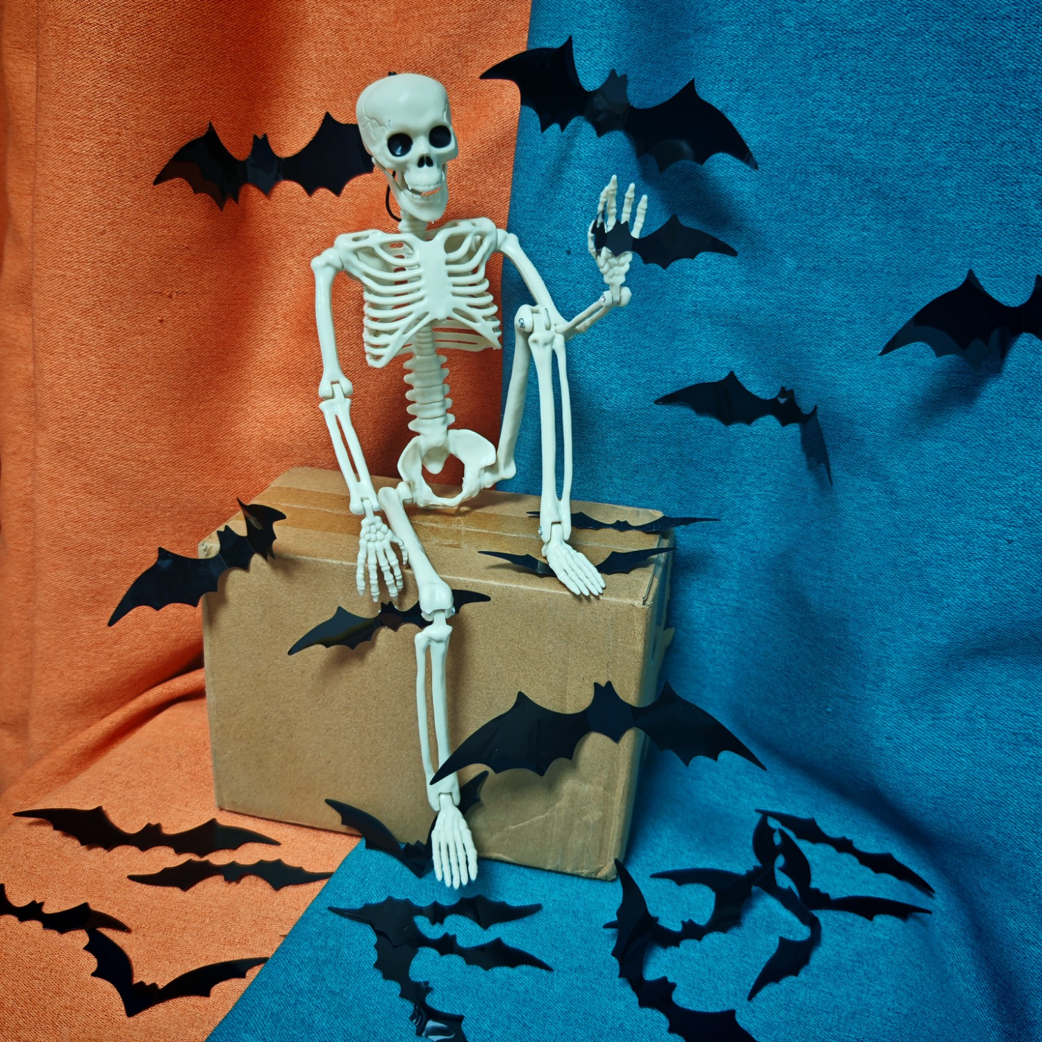 Image of Skeleton For Halloween Decorations, Small Skeleton Plastic Bones For Halloween Indoor Outdoor Party, Graveyard, Haunted House Additions And 12pcs 3d Bat Wall Stickers