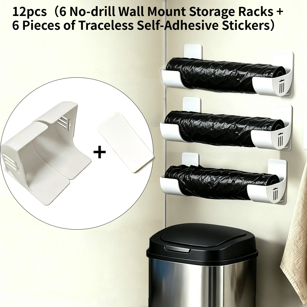 TEMU 12pcs Set: -drill Wall-mounted Storage Racks   6 Traceless Self-adhesive Stickers. Trash Bag Holder, Practical No-drill Wall-mounted Storage