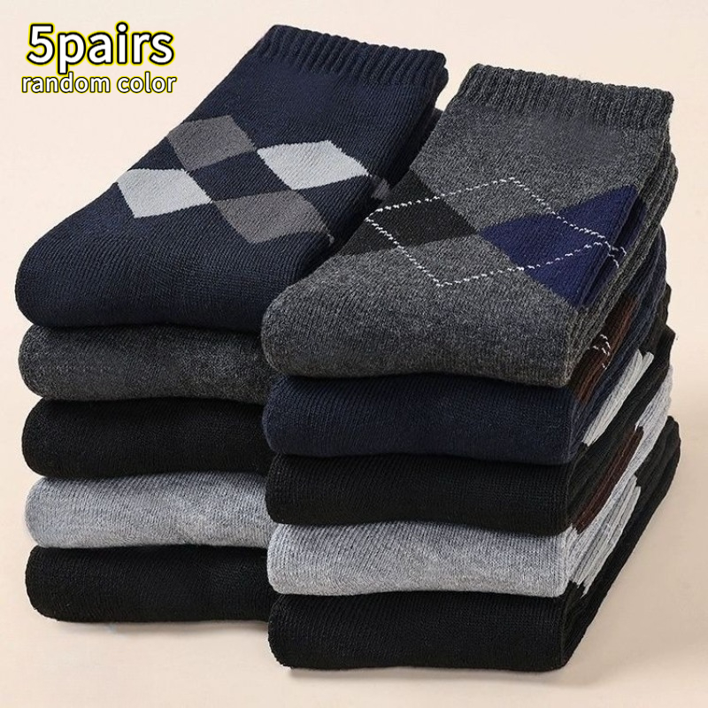 TEMU 5-pair Socks, Unisex Four-season Rhombus Socks, Random Colors, Comfortable And Breathable Long Socks, Elderly Socks, Men's Middle-aged And
