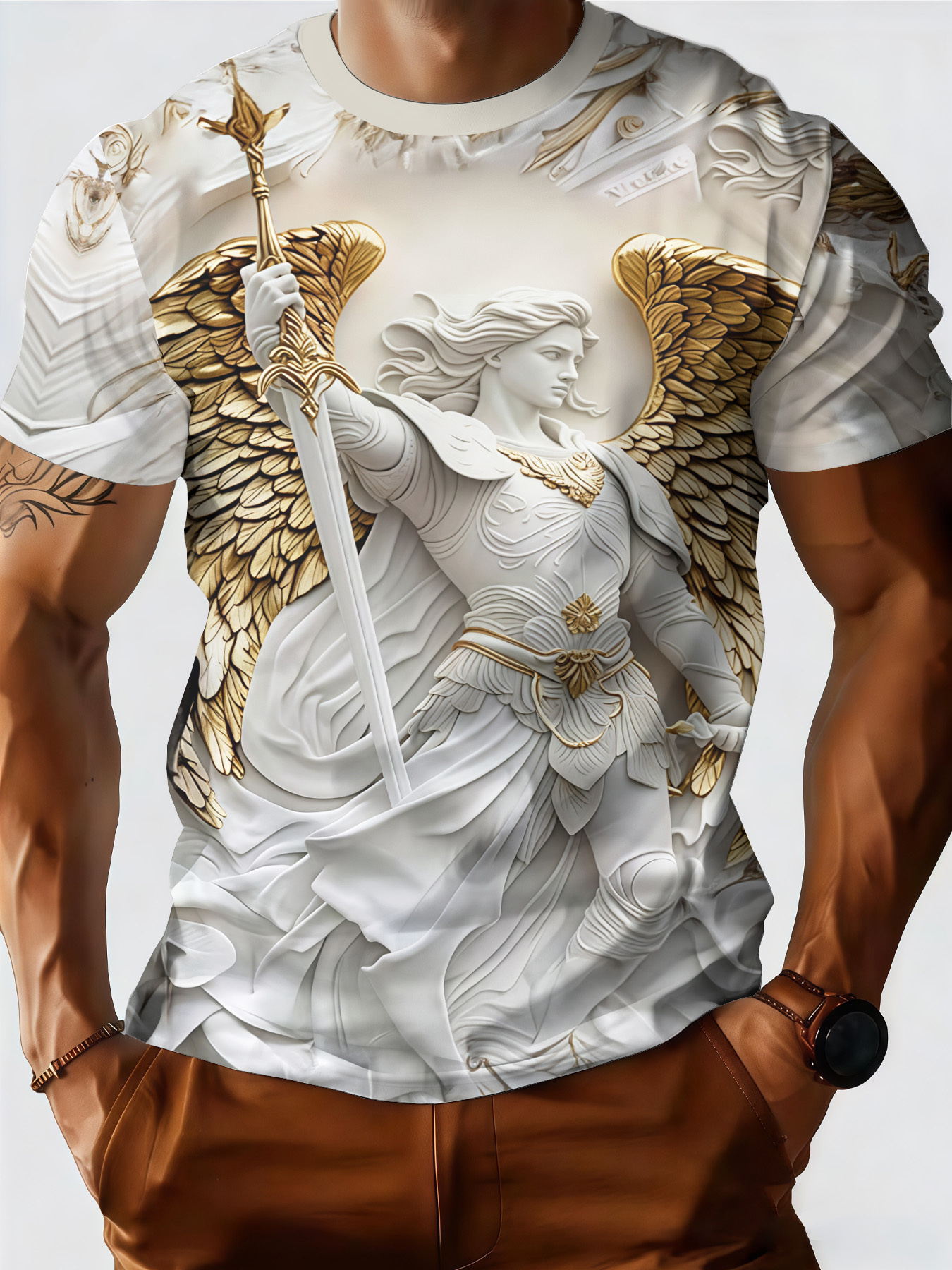 [druck   - keine textur] sommer neues kurzarm abstraktes engel muster kurzarm digitaldruck d  t-shirt, leichter luxus   luxus stil herren print t-shirt, einfaches  , business casual switch druckfrei