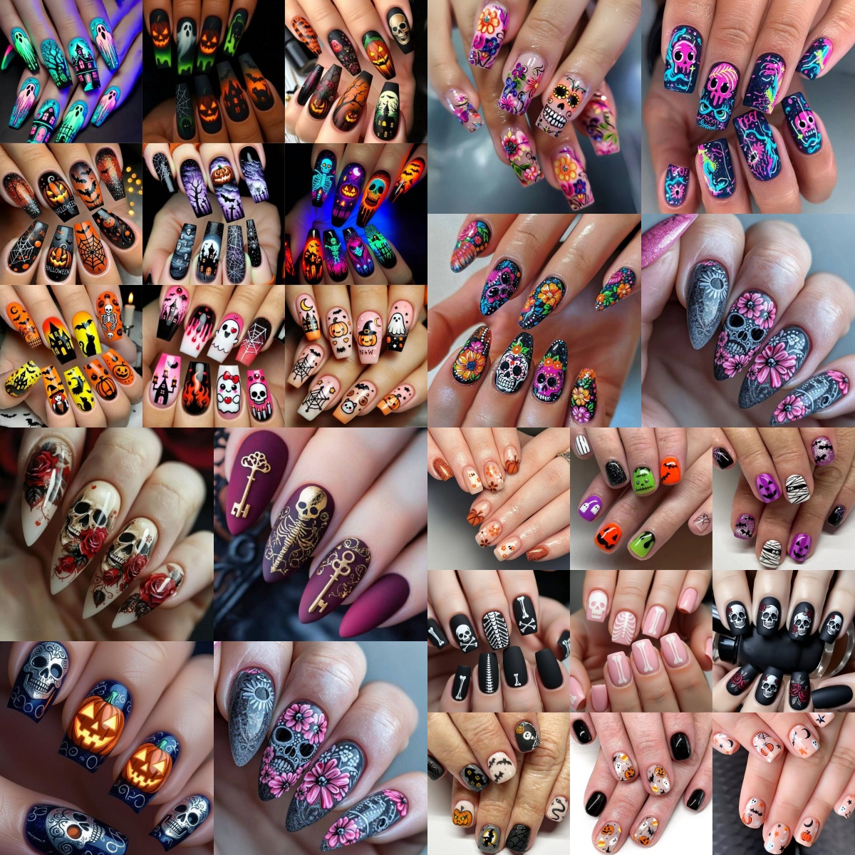 TEMU 96pcs Halloween Nail Art Random Vintage Bat Pumpkin Flower Key Medium Length Almond Square Mixed Party Nail Art Detachable Fake Nails Holiday