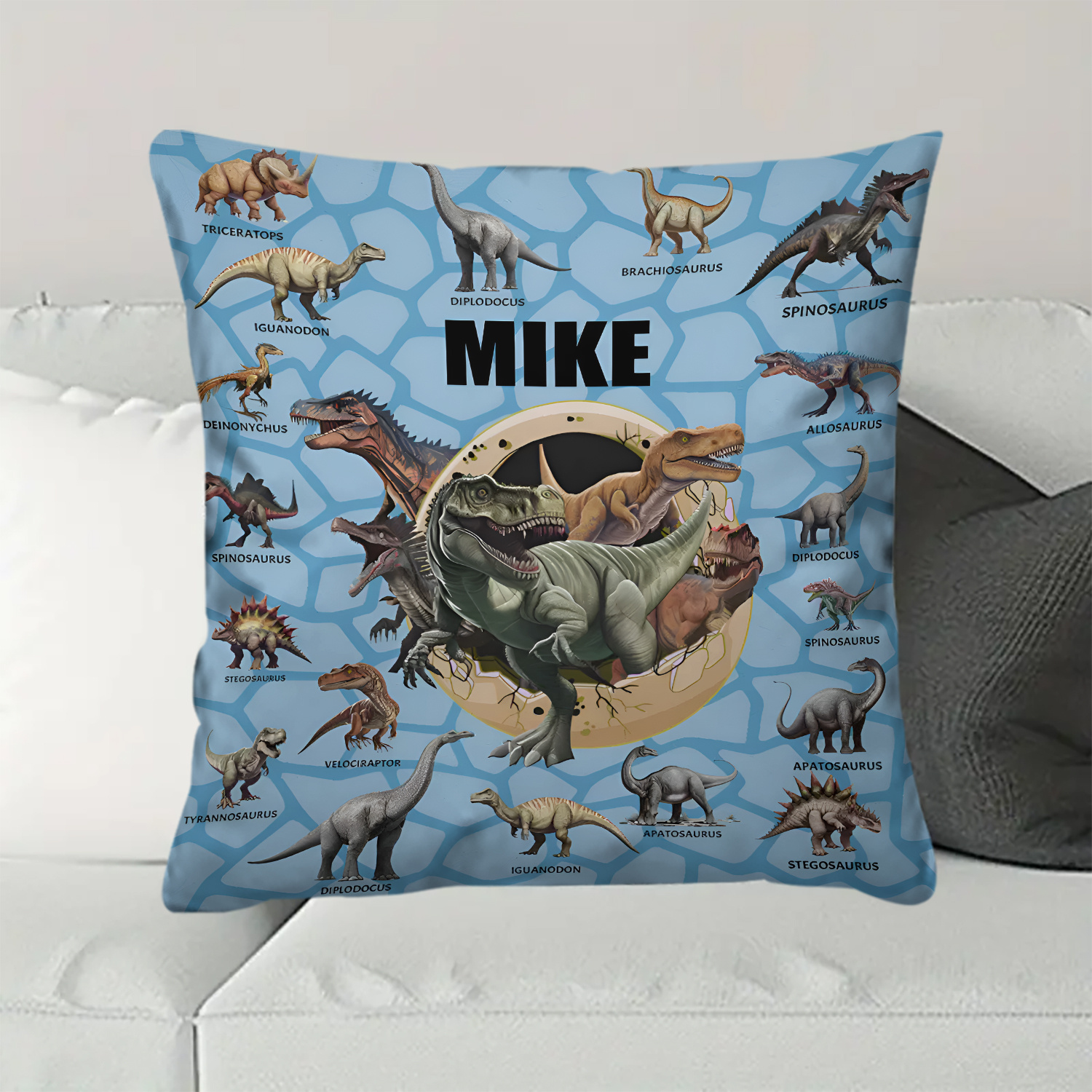 

Customizable Dinosaur-themed Pillow With Personalized Name Option – Vibrant Multi-, Zippered Polyester Cover, Machine Washable – Ideal Gift For Dinosaur Enthusiasts