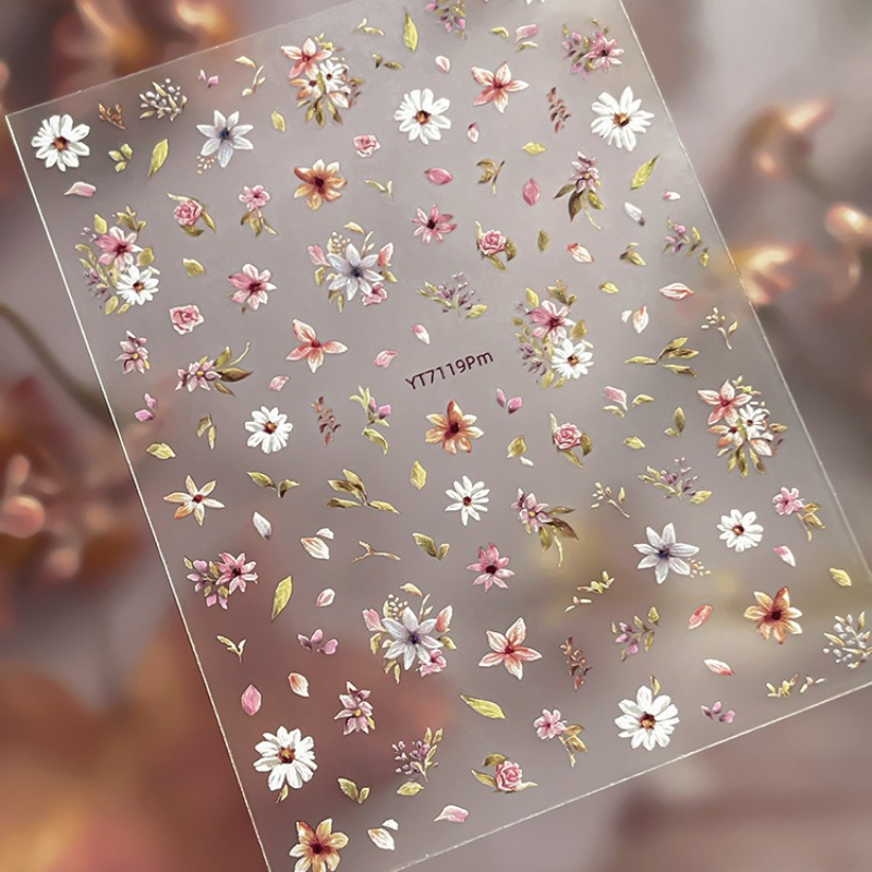 Pink Flower And Leaf Nail Stickers | Hand-painted Beautiful Floral Designs, Pre-, Reusable, Embroidered Pc Material, Suitable For Manicure Enthusiasts