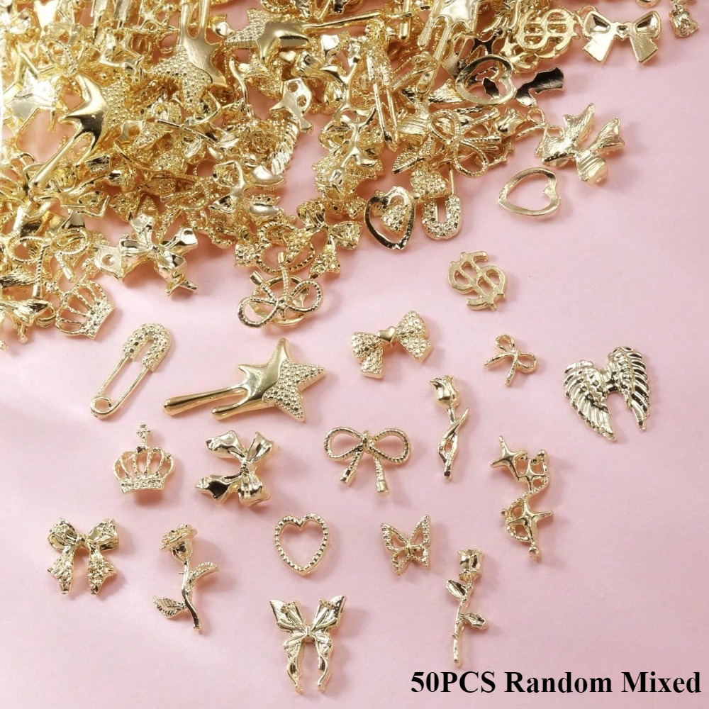TEMU 50pcs Random Mixed Nail Art Decorations Featuring Of Golden Bows, Roses, Crowns, Hearts, Butterflies, Flowers, And Other Designs; Luxurious Nail