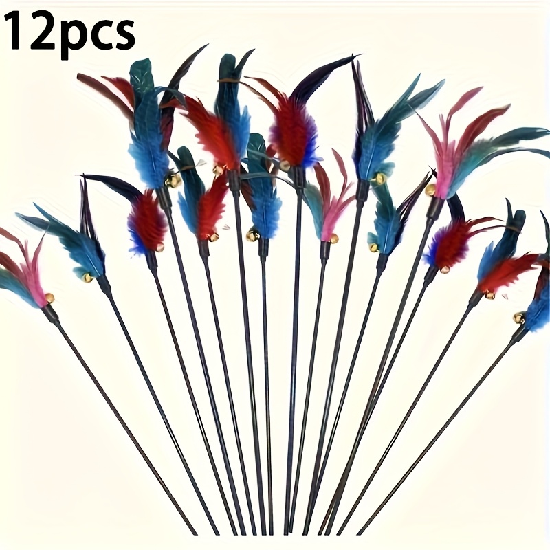 TEMU 12pcs Cat Feather Wand Toy Set With Realistic Bionic Feathers And Bells - Durable Nylon/plastic Teaser Rods