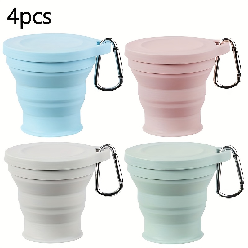 TEMU 4pcs Set Of Silicone Foldable Travel Cups | 6.09oz Capacity, With A Retractable Lid, Reusable, Suitable For Camping And Hiking, Portable Storage