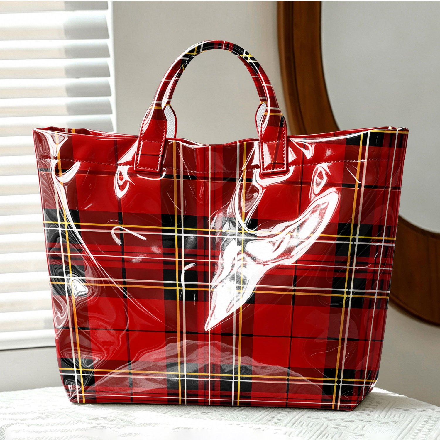 TEMU High Quality Large Scottish Tartan Tote Bag Suitable For Preppy Vintage Style, Closure Handbag With Shoulder Straps, Machine Washable Suitable