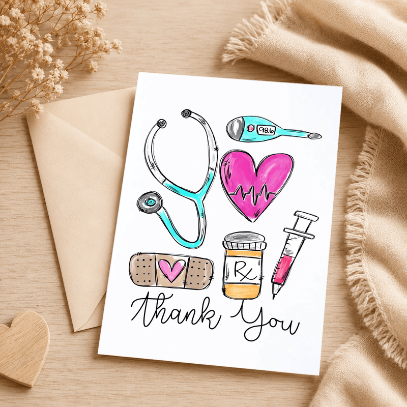TEMU 1 Tarjeta de Felicitación y 1 Sobrecarta. Tarjeta de Agradecimiento Médico Dibujada a con Estetoscopio, y Vendaje, para Enfermeras, Médicos o