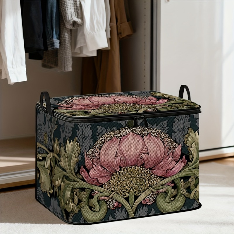 TEMU 1pc William Designed Vintage Bohemian Style Zipper Laundry Basket With A Floral Pattern. Made Of Polyester, Ideal For Organizing Clothes And