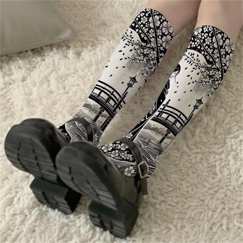 TEMU 1 Paire de Chaussettes Montantes pour Femmes, Style Japonais Courtyard et Motif Cage, Sexy et Fines, Polyvalentes pour , Chaussettes Montantes