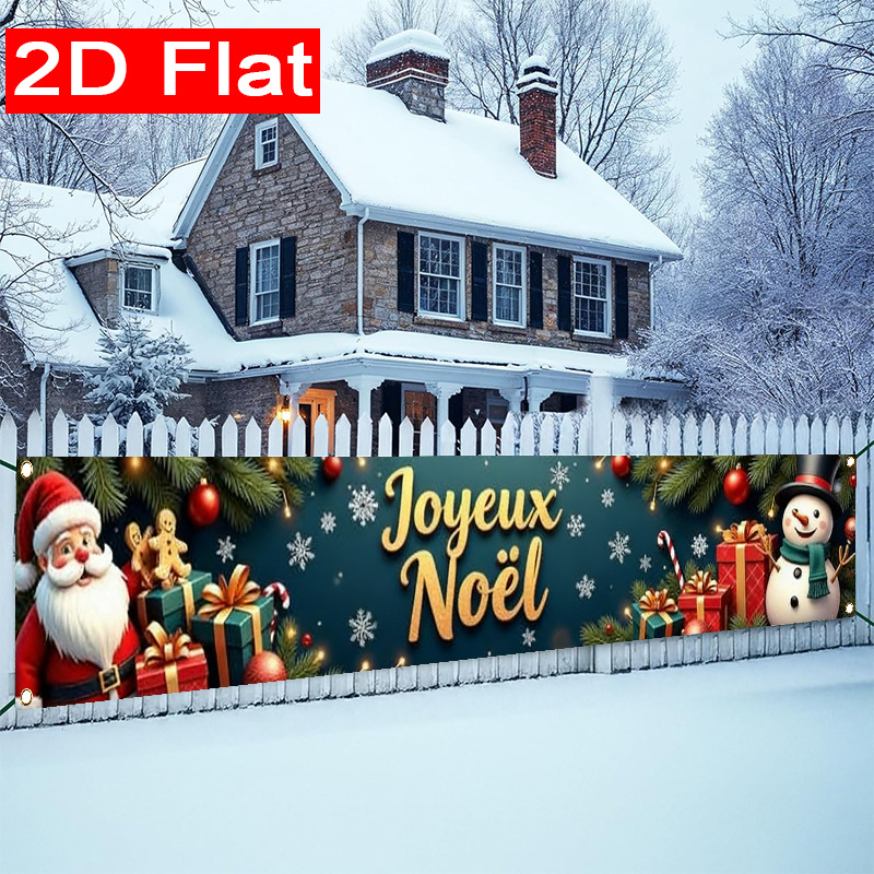 TEMU Bannière de Noël Noël 2D Plate, 1 pièce avec Père Noël et de Neige - Décoration Extérieure Bilingue Anglais/Français, Durable pour Porche,