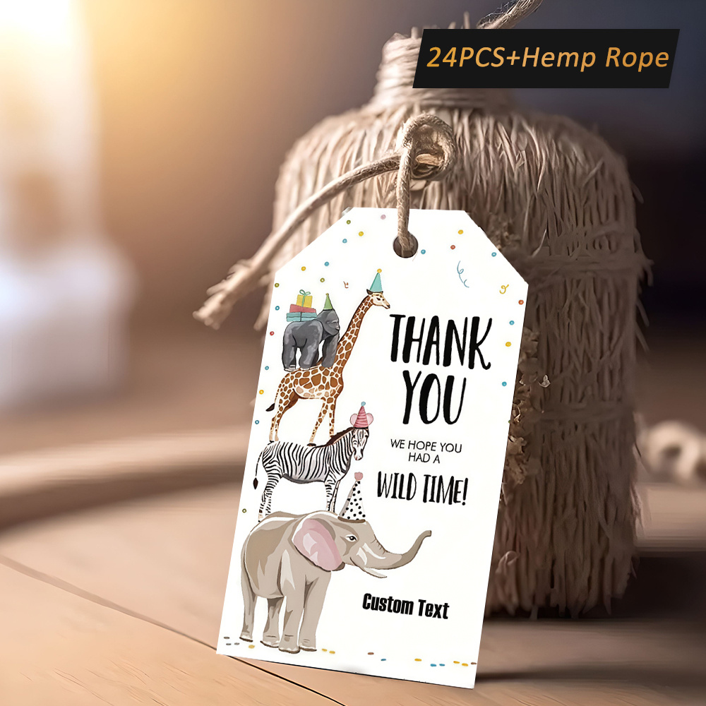 TEMU Personalized Gift Tags With Hemp Rope, Available In Sets Of 24, 48, Or 72, Featuring A Cartoon Design Of Stacked Animals Wearing Hats. Perfect