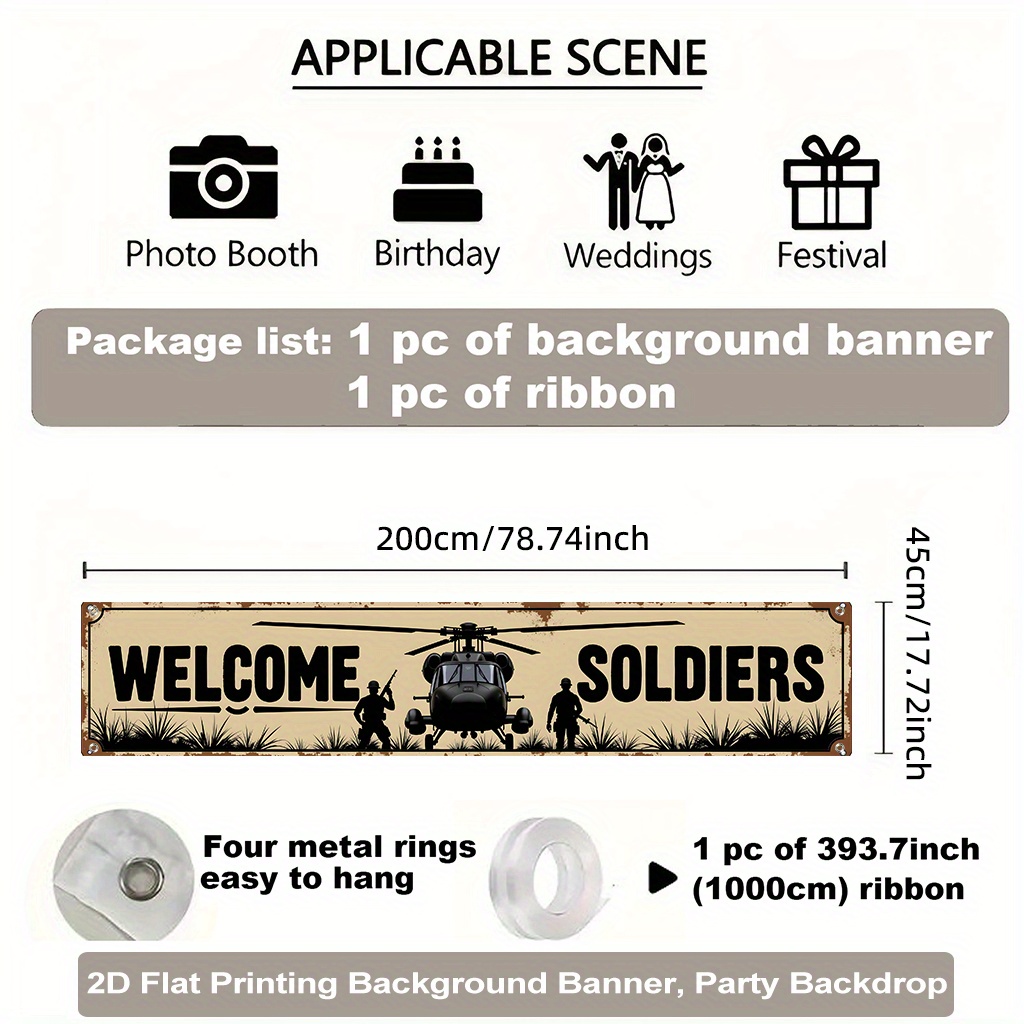 TEMU 2d Party Banner 1pc, Welcome Soldiers Helicopter Polyester Backdrop Banner, Indoor And Outdoor Decoration For Fence, Lawn, And Party, No Power