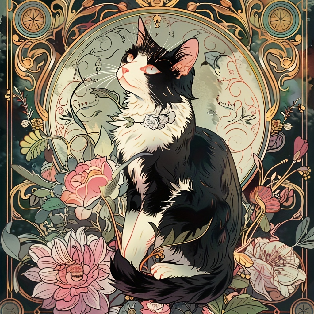 Image of 1pc 5d Diamond Painting Kit - Cat With Floral Halo, Large Size 15.7x15.7inch, Rhinestone Art, Acrylic Craft For Home And Office Wall Decoration