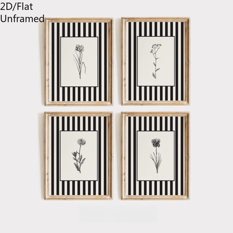 TEMU Set de 4 artísticas florales negras 2D, de pared moderno con rayas y negro, obra de floral minimalista, decoración preppy sin